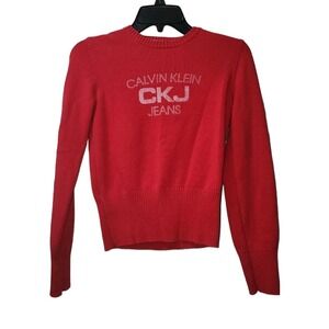 Calvin Klein CKJ Jeans‎ Red Cotton Knit Sweater Top Logo Size M